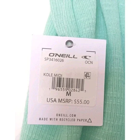 O’Neill Ribbed Tube Top Dress Mint Green Size Medium Beach Dress Side Slit New - Picture 7 of 11